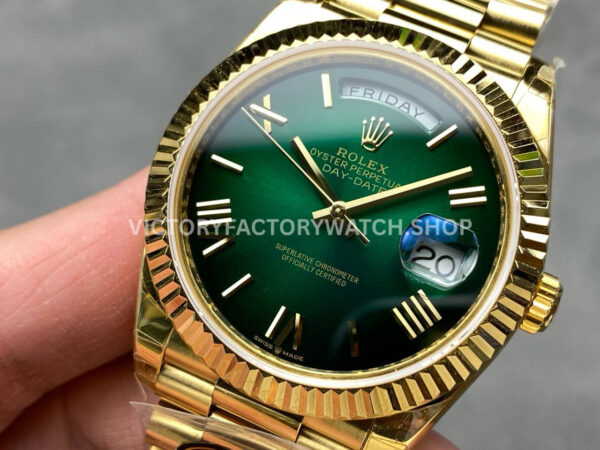 KF Factory Counterweight Rolex Day-Date 228238-0061 40mm Full Yellow Gold ( (7) KF Factory Counterweight Rolex Day-Date 228238-0061 40mm Full Yellow Gold Roman Numerals Slate Ombré Green Dial