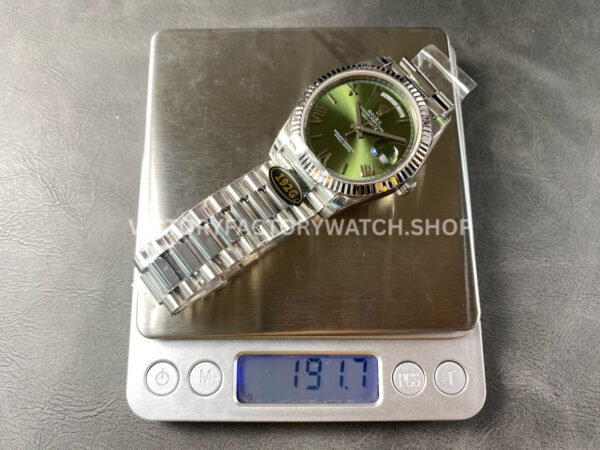 KF Factory Counterweight Rolex Day-Date 228239-0033 40mm Full White Gold Roman ( (5) KF Factory Counterweight Rolex Day-Date 228239-0033 40mm Full White Gold Roman Numerals Avocado Green Dial