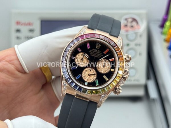 N+ Factory Counterweight Rolex Daytona 116595RBOW 40mm Rose Gold Rainbow Bezel Oysterflex Diamond Black Dial