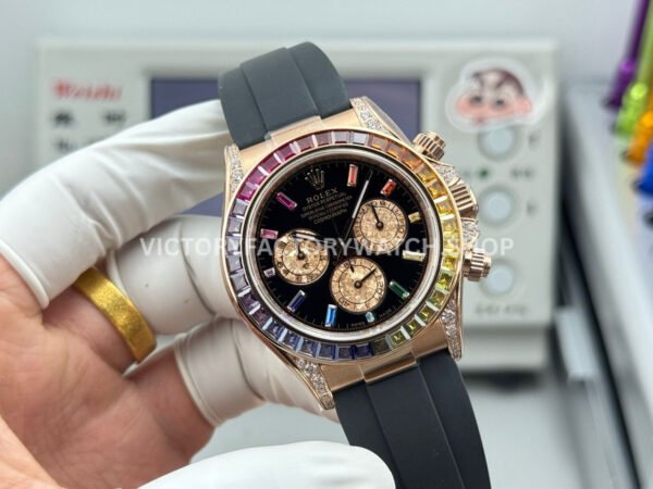 N+ Factory Counterweight Rolex Daytona 116595RBOW 40mm Rose Gold Rainbow Bezel Oysterflex Diamond Black Dial