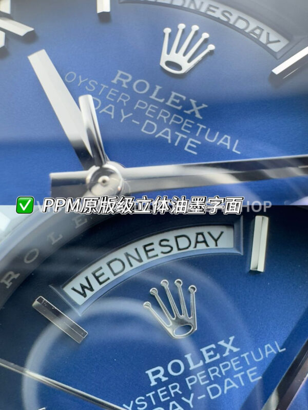 PPM Factory Counterweight Rolex Day-Date 228239-0076 40mm Full White Gold Roman Numerals Dark Blue Dial