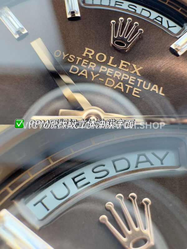 PPM Factory Counterweight Rolex Day-Date 228235-0003 40mm Full Rose Gold Baguette Diamond Brown Dial (2) PPM Factory Counterweight Rolex Day-Date 228235-0003 40mm Full Rose Gold Baguette Diamond Brown Dial