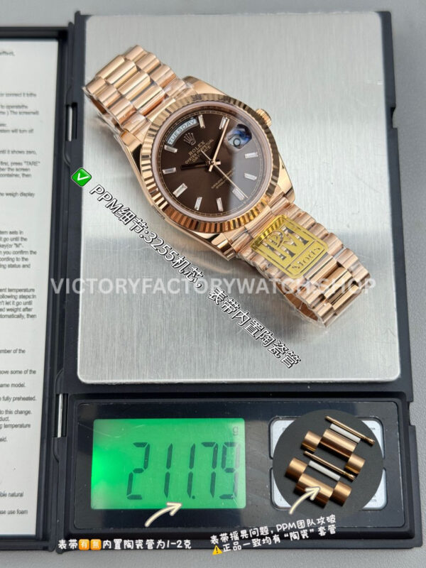 PPM Factory Counterweight Rolex Day-Date 228235-0003 40mm Full Rose Gold Baguette Diamond Brown Dial (9) PPM Day Date brown diamond dial