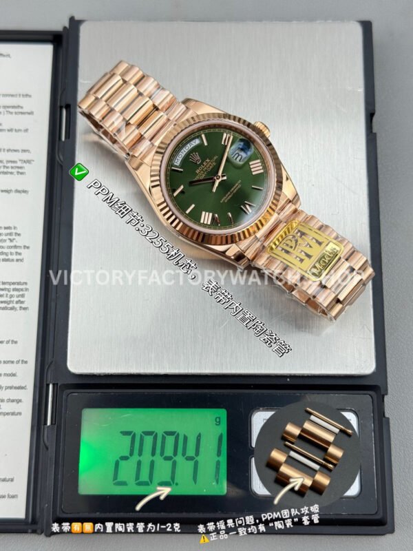 PPM Factory Counterweight Rolex Day-Date 228235-0025 40mm Full Rose Gold Roman Number Olive Green Dial (3) PPM Day Date olive green dial