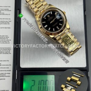 PPM Factory Counterweight Rolex Day-Date 228238-0004 40mm Full Yellow Gold Diamond Baguette Black Dial (3) PPM Day Date black diamond dial