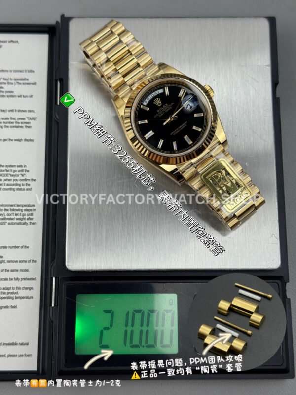 PPM Factory Counterweight Rolex Day-Date 228238-0004 40mm Full Yellow Gold Diamond Baguette Black Dial (3) PPM Day Date black diamond dial