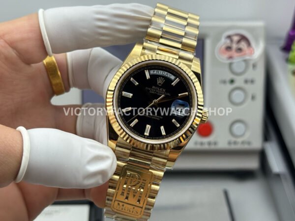 PPM Factory Counterweight Rolex Day-Date 228238-0004 40mm Full Yellow Gold Diamond Baguette Black Dial (4) PPM Factory Counterweight Rolex Day-Date 228238-0004 40mm Full Yellow Gold Diamond Baguette Black Dial