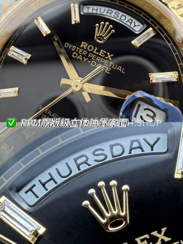 PPM Factory Counterweight Rolex Day-Date 228238-0004 40mm Full Yellow Gold Diamond Baguette Black Dial (5) PPM Factory Counterweight Rolex Day-Date 228238-0004 40mm Full Yellow Gold Diamond Baguette Black Dial