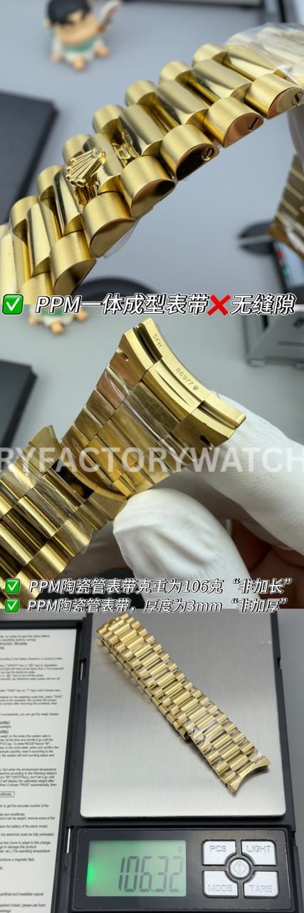 PPM Factory Counterweight Rolex Day-Date 228238-0004 40mm Full Yellow Gold Diamond Baguette Black Dial (7) PPM Factory Counterweight Rolex Day-Date 228238-0004 40mm Full Yellow Gold Diamond Baguette Black Dial