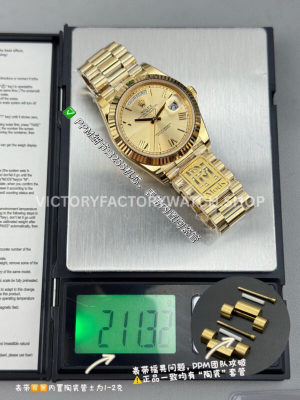 PPM Factory Counterweight Rolex Day-Date 228238-0006 40mm Full Yellow Gold Roman Number Champagne Dial (2) PPM Day Date champagne dial