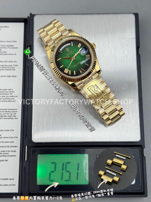 PPM Factory Counterweight Rolex Day-Date 228238-0061 40mm Full Yellow Gold Roman Number Green Dial (2) PPM Day Date 228238 green roman dial