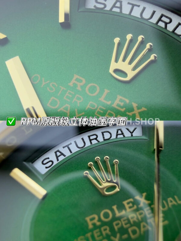 PPM Factory Counterweight Rolex Day-Date 228238-0061 40mm Full Yellow Gold Roman Number Green Dial (3) PPM Factory Counterweight Rolex Day-Date 228238-0061 40mm Full Yellow Gold Roman Number Green Dial