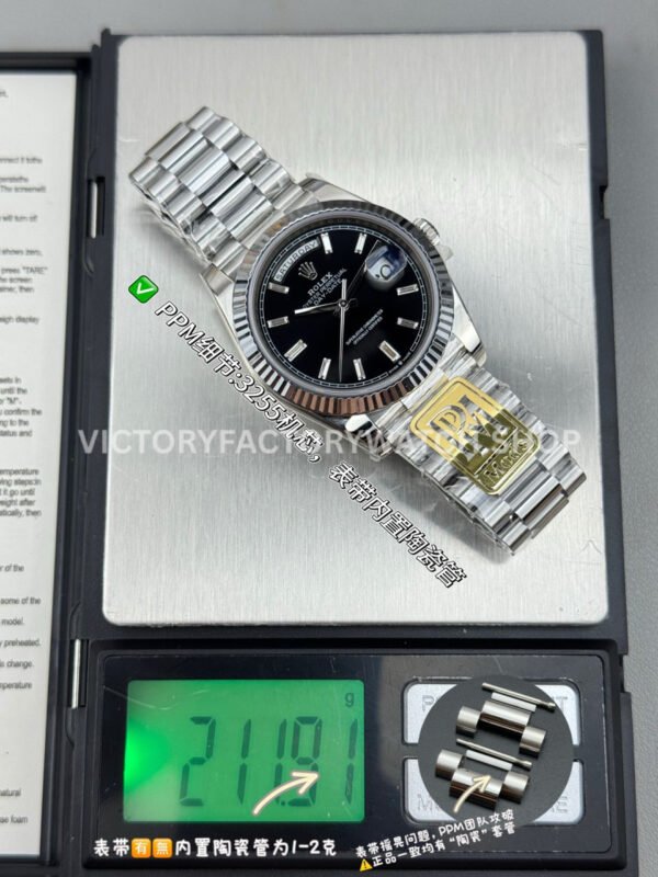 PPM Factory Counterweight Rolex Day-Date 228239-0005 40mm Full White Gold Baguette Diamond Black Dial (2) PPM Day Date black diamond dial