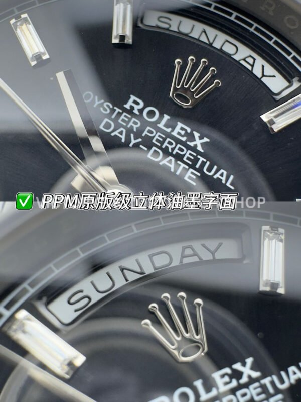 PPM Factory Counterweight Rolex Day-Date 228239-0005 40mm Full White Gold Baguette Diamond Black Dial (3) PPM Factory Counterweight Rolex Day-Date 228239-0005 40mm Full White Gold Baguette Diamond Black Dial