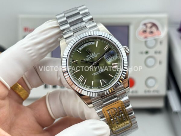 PPM Factory Counterweight Rolex Day-Date 228239-0033 40mm White Gold Roman Numerals Olive Green Dial