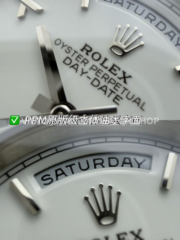 PPM Factory Counterweight Rolex Day-Date 228239-0046 40mm White Gold Roman Numerals White Dial
