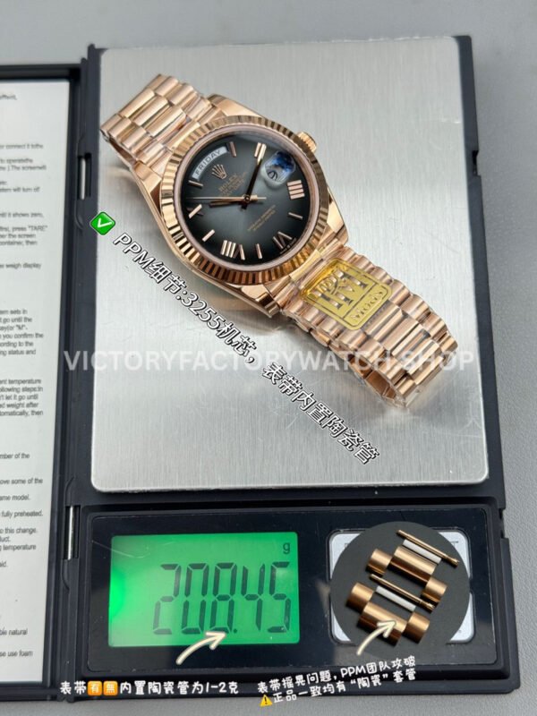 PPM Factory Counterweight Rolex Day-Date 238235-0055 40mm Full Rose Gold Roman Number Black Dial (1) PPM Day Date 228235 black roman dial
