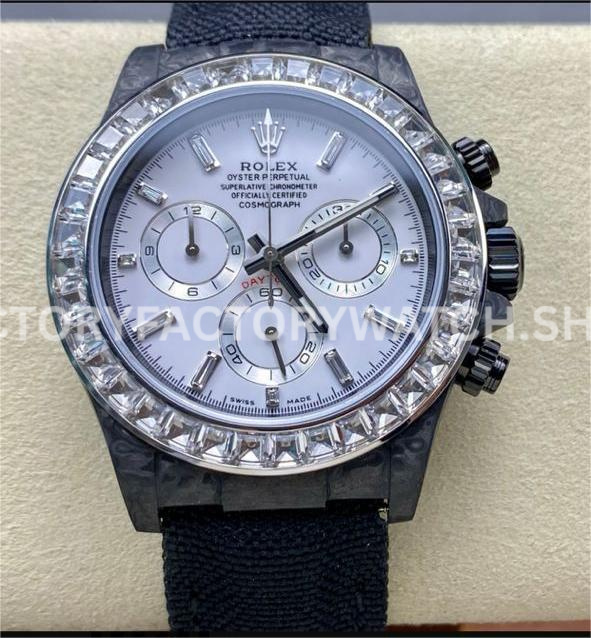 PPM Factory Rolex Daytona Modified 116500 Black Carbon Fiber Calf Skin Strap Diamond Baguette White Dial (2) PPM Daytona carbon white dial