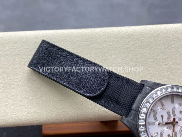 PPM Factory Rolex Daytona Modified 116500 Black Carbon Fiber Calf Skin Strap Diamond Baguette White Dial (4) PPM Factory Rolex Daytona Modified 116500 Black Carbon Fiber Calf Skin Strap Diamond Baguette White Dial