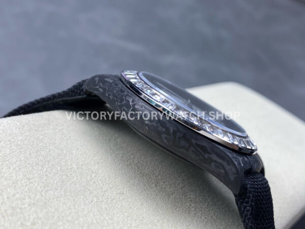 PPM Factory Rolex Daytona Modified 116500 Black Carbon Fiber Calf Skin Strap Diamond Baguette White Dial (6) PPM Factory Rolex Daytona Modified 116500 Black Carbon Fiber Calf Skin Strap Diamond Baguette White Dial