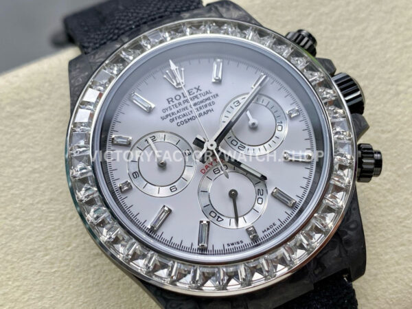 PPM Factory Rolex Daytona Modified 116500 Black Carbon Fiber Calf Skin Strap Diamond Baguette White Dial (7) PPM Factory Rolex Daytona Modified 116500 Black Carbon Fiber Calf Skin Strap Diamond Baguette White Dial
