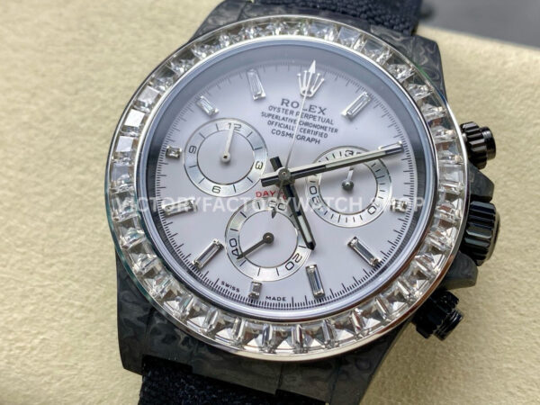 PPM Factory Rolex Daytona Modified 116500 Black Carbon Fiber Calf Skin Strap Diamond Baguette White Dial (8) PPM Factory Rolex Daytona Modified 116500 Black Carbon Fiber Calf Skin Strap Diamond Baguette White Dial