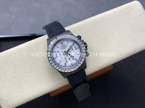 PPM Factory Rolex Daytona Modified 116500 Black Carbon Fiber Calf Skin Strap Diamond Baguette White Dial (9) PPM Factory Rolex Daytona Modified 116500 Black Carbon Fiber Calf Skin Strap Diamond Baguette White Dial