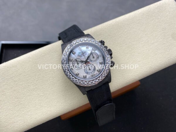 PPM Factory Rolex Daytona Modified 116500 Carbon Fiber Calf Skin Strap Moissanite Mother Of Pearl Dial (4) PPM Factory Rolex Daytona Modified 116500 Carbon Fiber Calf Skin Strap Moissanite Mother Of Pearl Dial