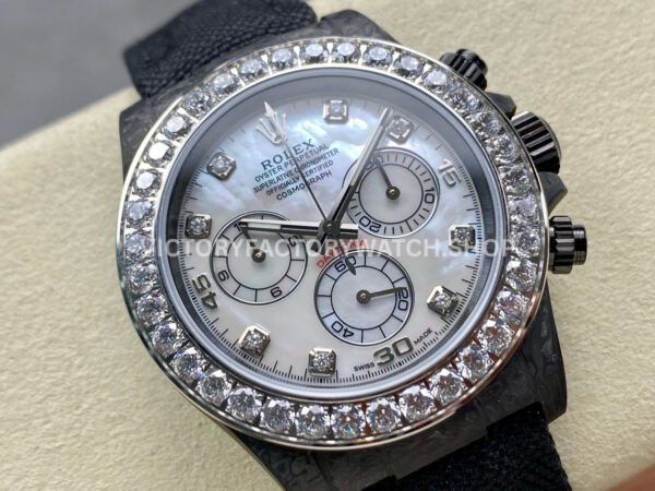 PPM Factory Rolex Daytona Modified 116500 Carbon Fiber Calf Skin Strap Moissanite Mother Of Pearl Dial (6) PPM Factory Rolex Daytona Modified 116500 Carbon Fiber Calf Skin Strap Moissanite Mother Of Pearl Dial
