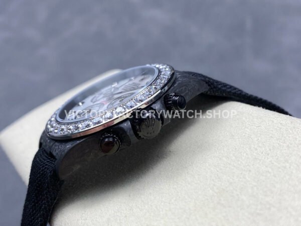 PPM Factory Rolex Daytona Modified 116500 Carbon Fiber Calf Skin Strap Moissanite Mother Of Pearl Dial (7) PPM Factory Rolex Daytona Modified 116500 Carbon Fiber Calf Skin Strap Moissanite Mother Of Pearl Dial