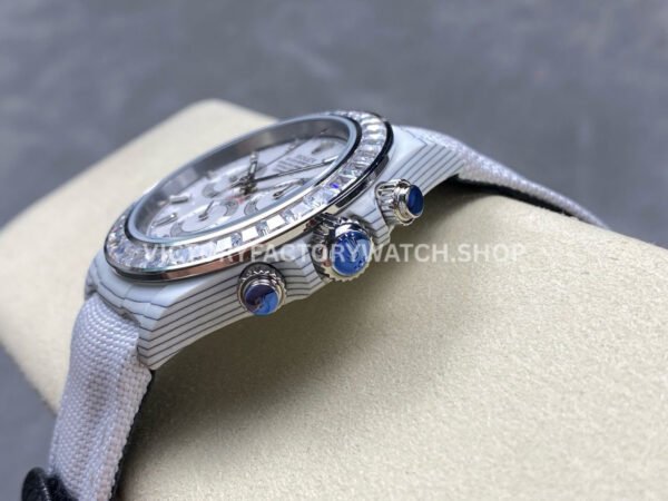 PPM Factory Rolex Daytona Modified 116500 White Carbon Fiber Calf Skin Strap Diamond Baguette White Dial