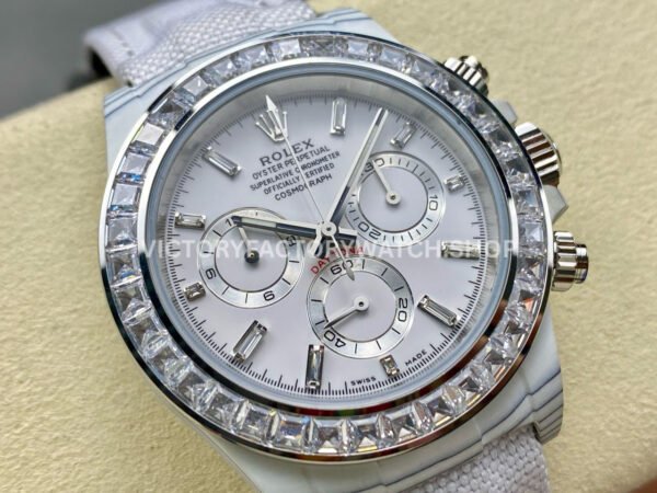 PPM Factory Rolex Daytona Modified 116500 White Carbon Fiber Calf Skin Strap Diamond Baguette White Dial
