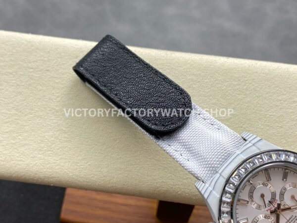 PPM Factory Rolex Daytona Modified 116500 White Carbon Fiber Calf Skin Strap Diamond Baguette White Dial