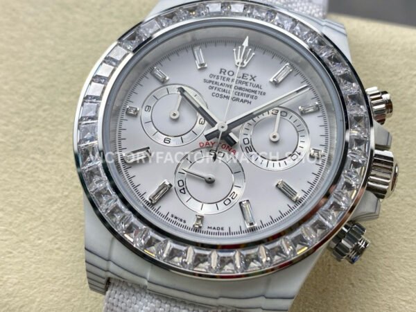 PPM Factory Rolex Daytona Modified 116500 White Carbon Fiber Calf Skin Strap Diamond Baguette White Dial