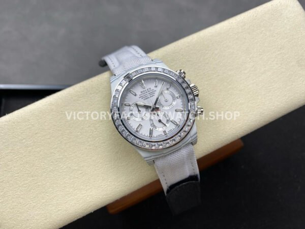 PPM Factory Rolex Daytona Modified 116500 White Carbon Fiber Calf Skin Strap Diamond Baguette White Dial