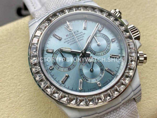 PPM Factory Rolex Daytona Modified 126506 Carbon Fiber Calf Skin Strap Diamond Baguette Ice Blue Dial