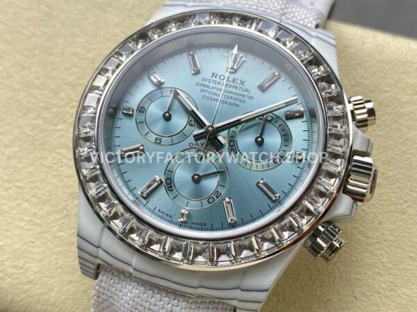 PPM Factory Rolex Daytona Modified 126506 Carbon Fiber Calf Skin Strap Diamond Baguette Ice Blue Dial