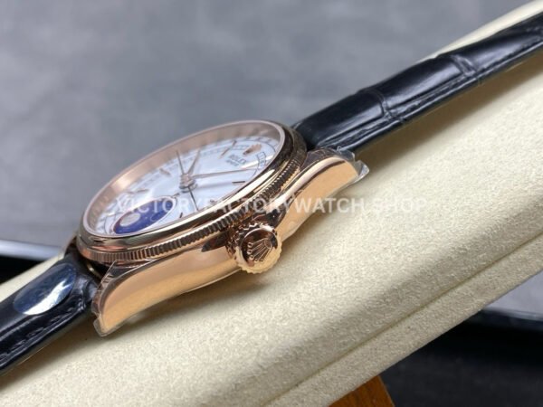 R+ Factory Counterweight Rolex Cellini Moonphase 50535-0002 39mm Rose Gold Black Leather Strap White Dial