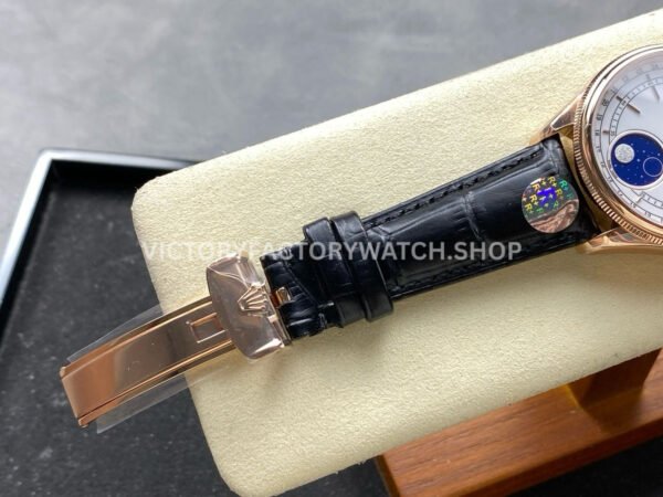 R+ Factory Counterweight Rolex Cellini Moonphase 50535-0002 39mm Rose Gold Black Leather Strap White Dial