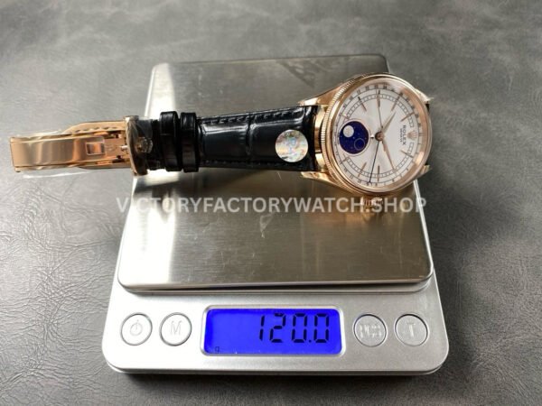 R+ Factory Counterweight Rolex Cellini Moonphase 50535-0002 39mm Rose Gold Black Leather Strap White Dial