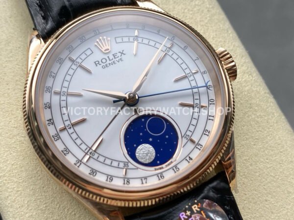 R+ Factory Counterweight Rolex Cellini Moonphase 50535-0002 39mm Rose Gold Black Leather Strap White Dial
