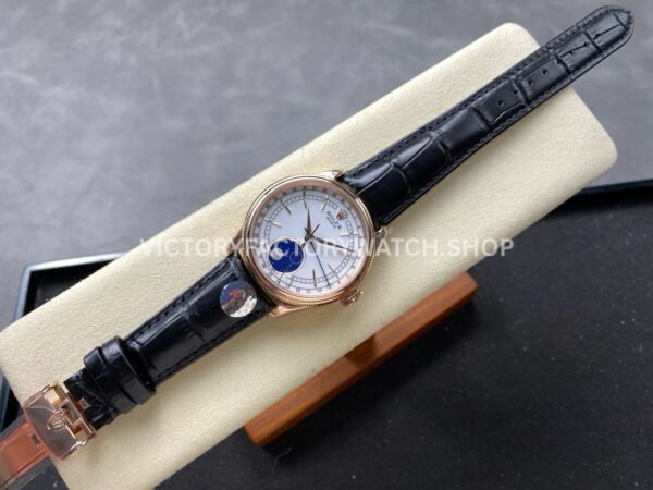 R+ Factory Counterweight Rolex Cellini Moonphase 50535-0002 39mm Rose Gold Black Leather Strap White Dial