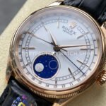 R+ Factory Counterweight Rolex Cellini Moonphase 50535-0002 39mm Rose Gold Black Leather Strap White Dial