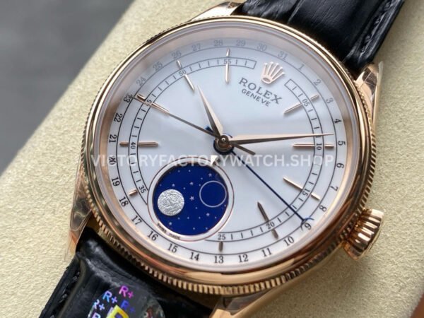 R+ Factory Counterweight Rolex Cellini Moonphase 50535-0002 39mm Rose Gold Black Leather Strap White Dial