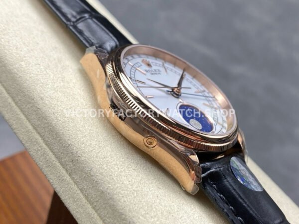 R+ Factory Counterweight Rolex Cellini Moonphase 50535-0002 39mm Rose Gold Black Leather Strap White Dial