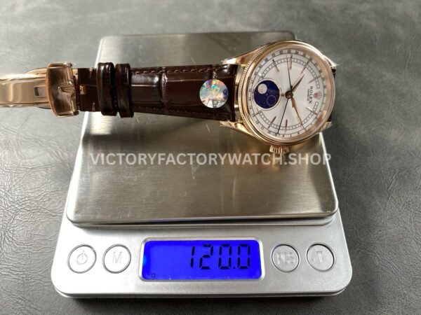 R+ Factory Counterweight Rolex Cellini Moonphase 50535-0002 39mm Rose Gold Brown Leather Strap White Dial