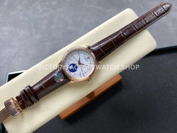 R+ Factory Counterweight Rolex Cellini Moonphase 50535-0002 39mm Rose Gold Brown Leather Strap White Dial