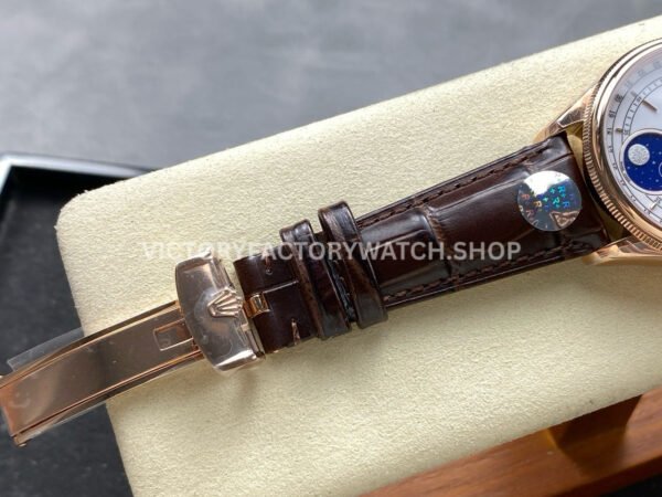 R+ Factory Counterweight Rolex Cellini Moonphase 50535-0002 39mm Rose Gold Brown Leather Strap White Dial
