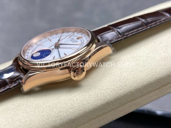 R+ Factory Counterweight Rolex Cellini Moonphase 50535-0002 39mm Rose Gold Brown Leather Strap White Dial