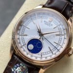 R+ Factory Counterweight Rolex Cellini Moonphase 50535-0002 39mm Rose Gold Brown Leather Strap White Dial